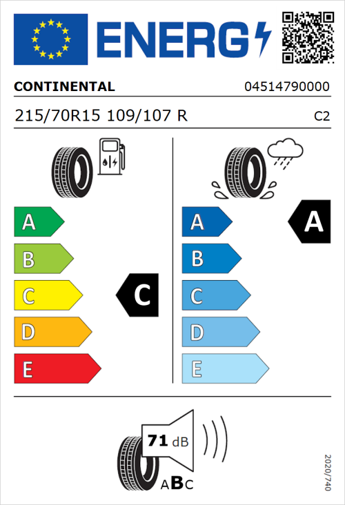 Tyre Label for Continental VanContact Ultra Camper 215/70R15 109/107R