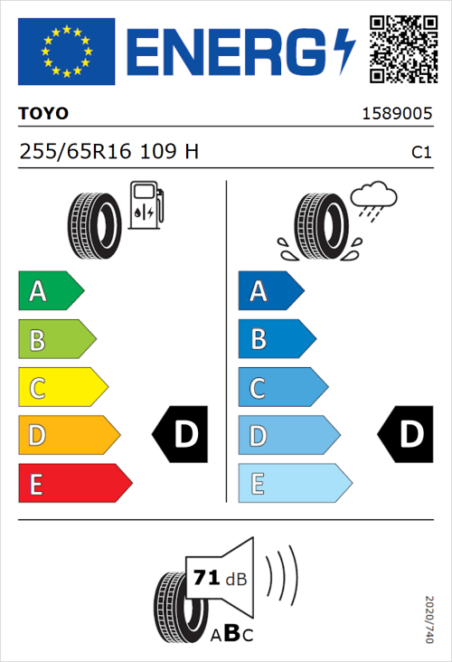 Tyre Label for Toyo Open Country AT 255/65R16 109H